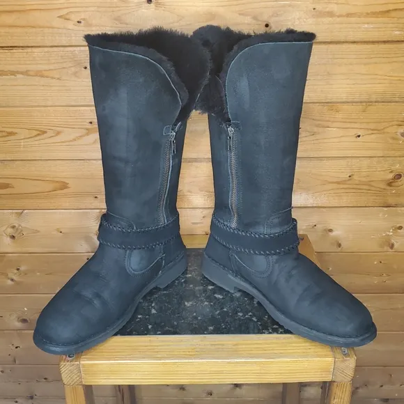 ❤️ UGG Black BRAIDEN suede sheepskin buckle comfort winter boots zipper …