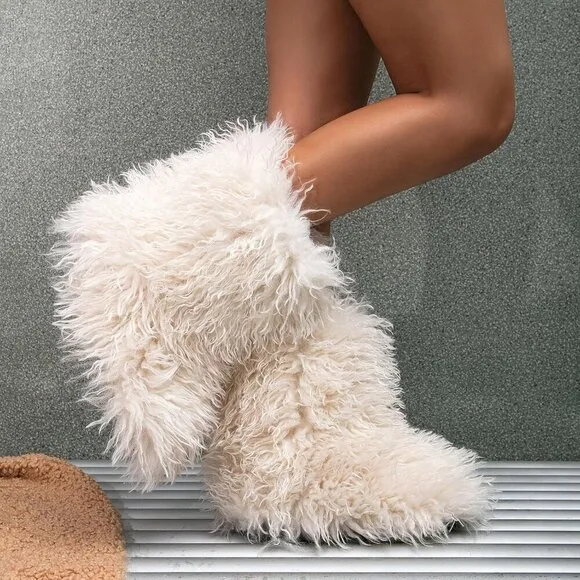 ✨ Valpeak Furry Boots Women White Faux Fur Mongolian Winter Fluffy Fuzzy Boots