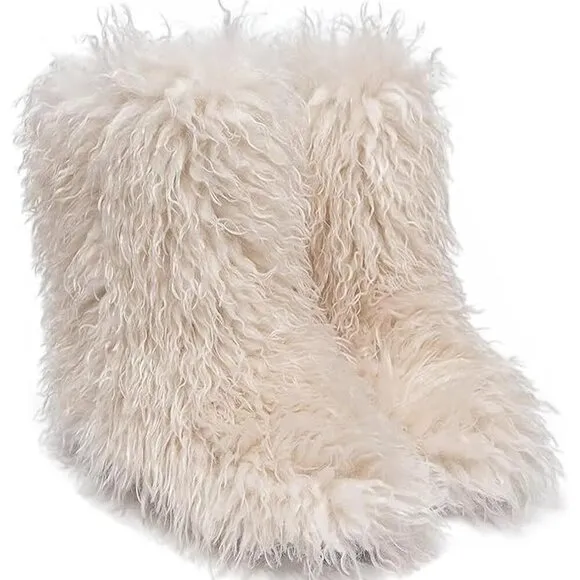 ✨ Valpeak Furry Boots Women White Faux Fur Mongolian Winter Fluffy Fuzzy Boots