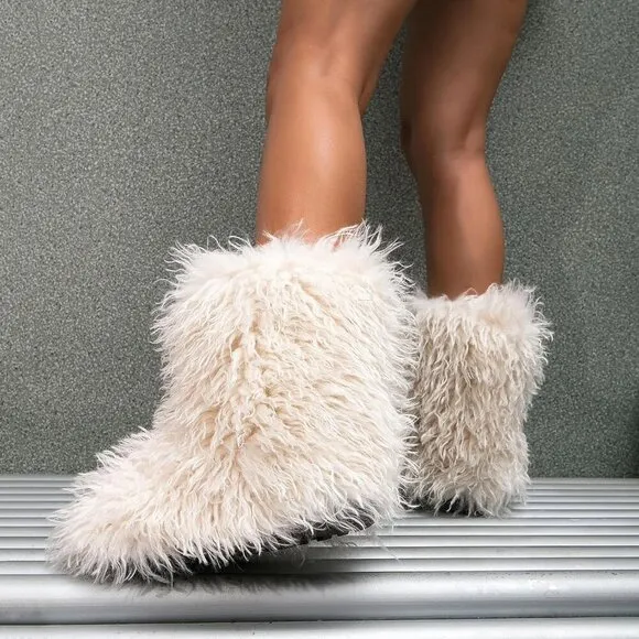 ✨ Valpeak Furry Boots Women White Faux Fur Mongolian Winter Fluffy Fuzzy Boots