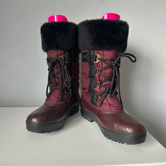 [10] Vintage Sorel Winter Boots in Maroon with Black Leather Pattern Detail