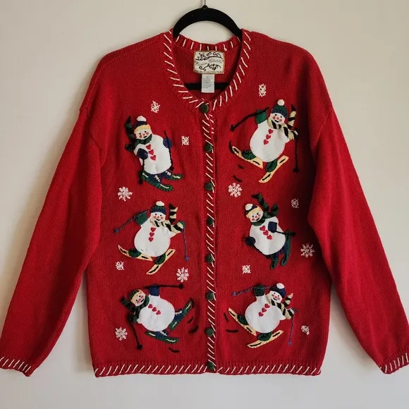 100% Cotton Vintage Christmas Top Holiday Red Sweater Size Large