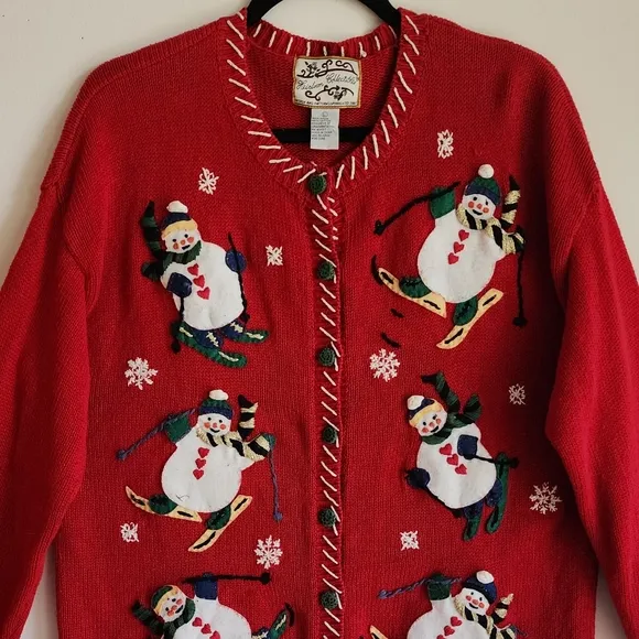 100% Cotton Vintage Christmas Top Holiday Red Sweater Size Large