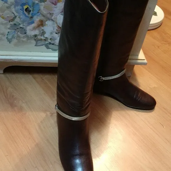 #5 F BROWN ITALIAN LEATHER Gold Mesh Braceleted Boots Nearly New