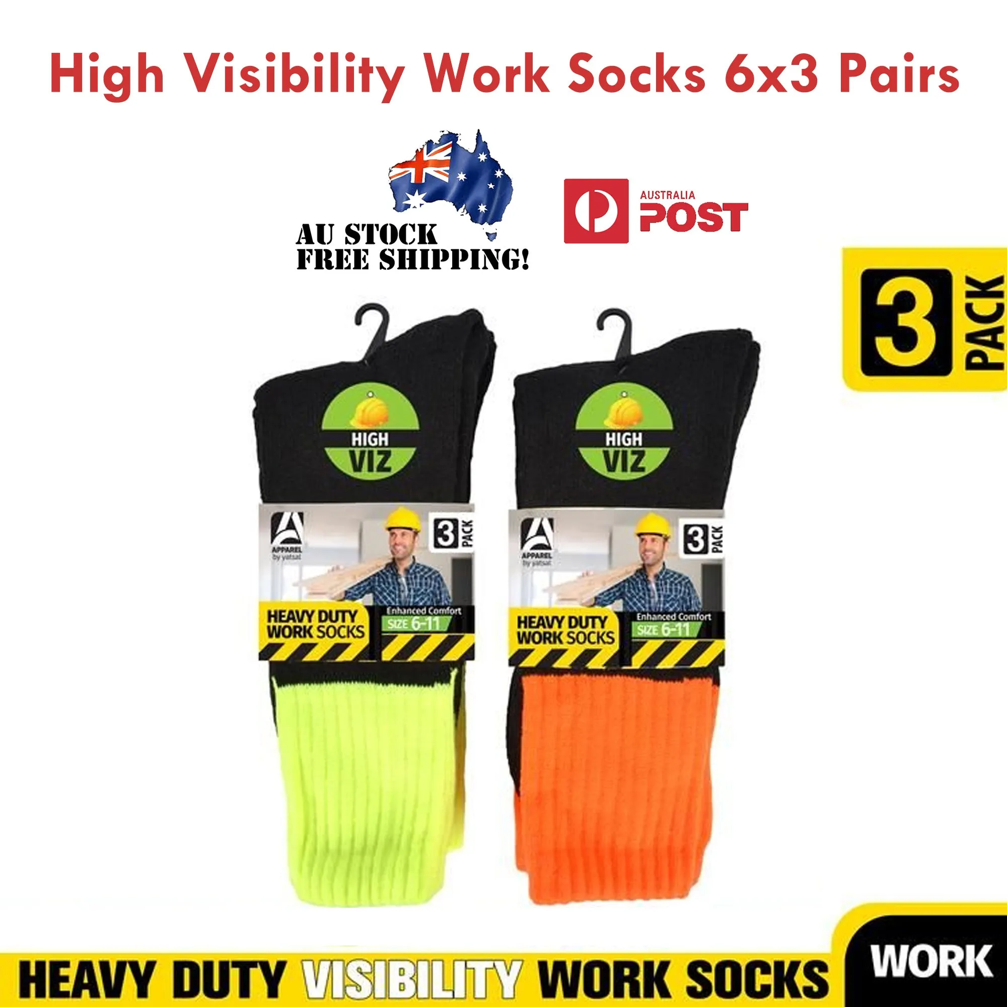 6x3 Pairs Winter Work High Visibility Socks Heavy Duty Cotton Comfort Size 6-11