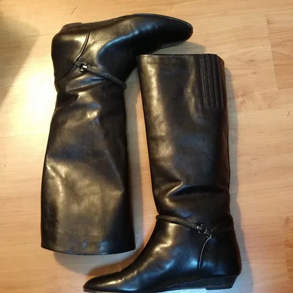 #7 R BLACK BLACK ITALIAN LEATHER Gunmetal Mesh Braceleted Boots Nearly New