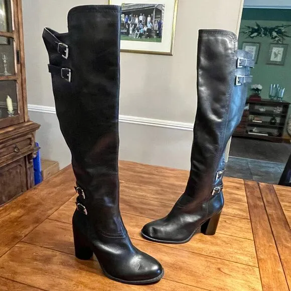 Adrienne Vittadini Leather Equestrian Harness Boots Sz 9M Knee High Zip