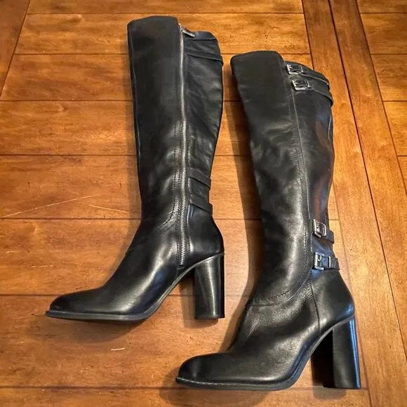 Adrienne Vittadini Leather Equestrian Harness Boots Sz 9M Knee High Zip