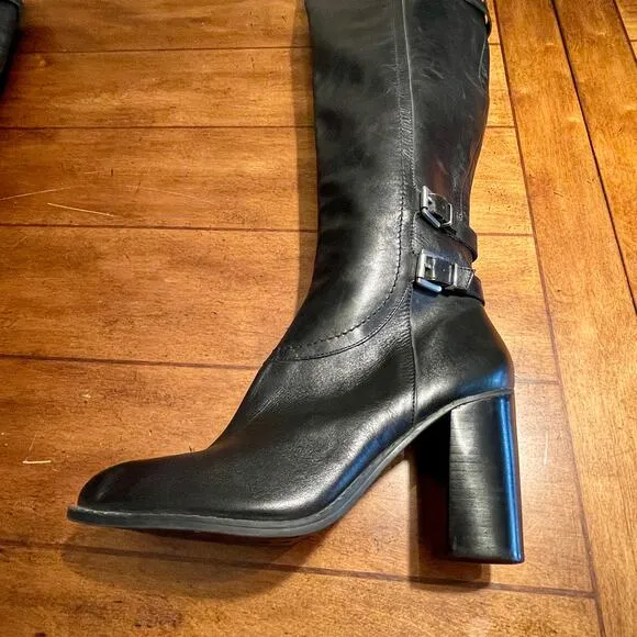 Adrienne Vittadini Leather Equestrian Harness Boots Sz 9M Knee High Zip