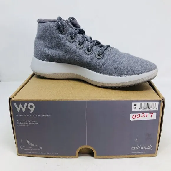Allbirds Runner Up Mizzles Womens 9 Grey Wool Sneakers Water Repellant High Top