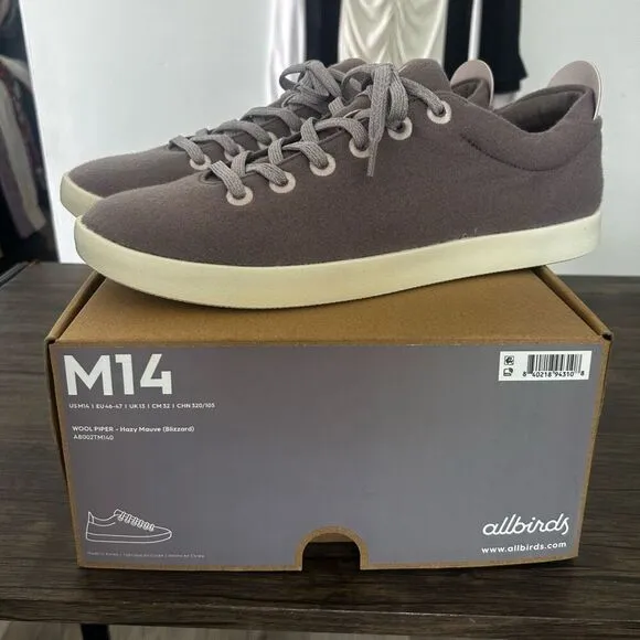 Allbirds Wool Piper Hazy Mauve Blizzard Athletic Shoes Men's Size 14 NIB NEW