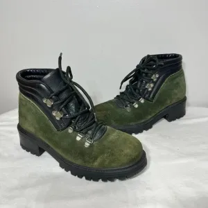 American Eagle Boots VTG 90s Green Suede Leather Lace Up Lug Sole Grunge Hike 7
