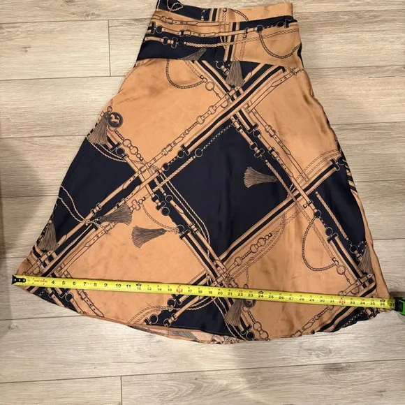Ann Taylor Navy/Gold Equestrian Midi Silk Satin Feel A-Line Skirt Women’s 2 NWOT