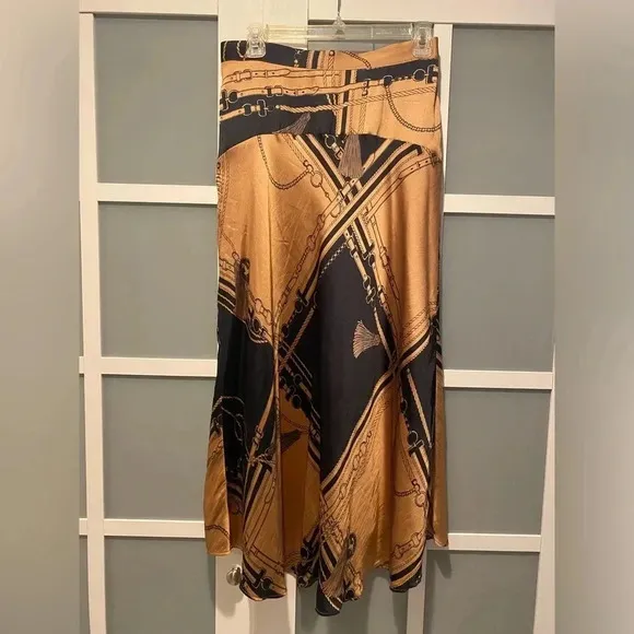 Ann Taylor Navy/Gold Equestrian Midi Silk Satin Feel A-Line Skirt Women’s 2 NWOT