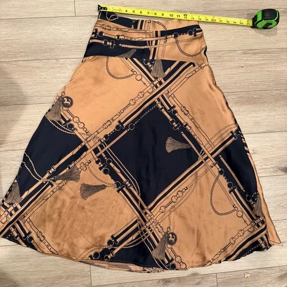 Ann Taylor Navy/Gold Equestrian Midi Silk Satin Feel A-Line Skirt Women’s 2 NWOT