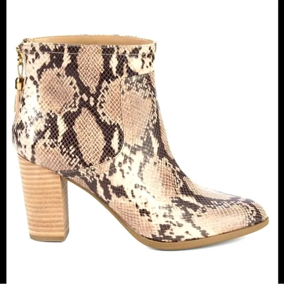 Anne Klein Ankle Boots Tan Cream Reptile Pattern New Fringe Sz 9.5 Niccie 193063