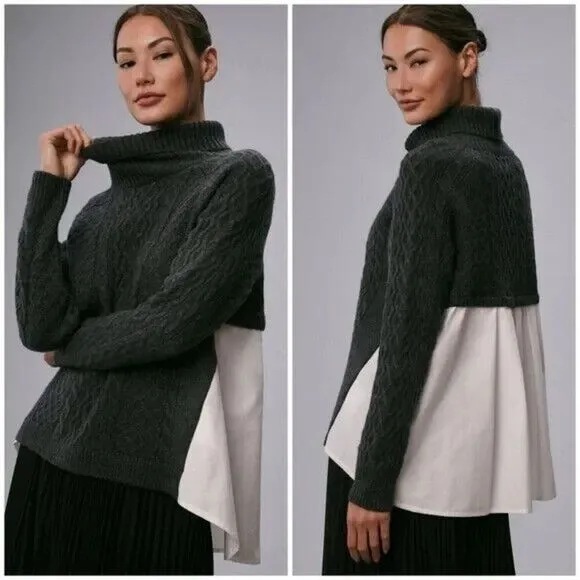 Anthropologie Mixed Media Twofer Turtleneck Cable Sweater Size XS