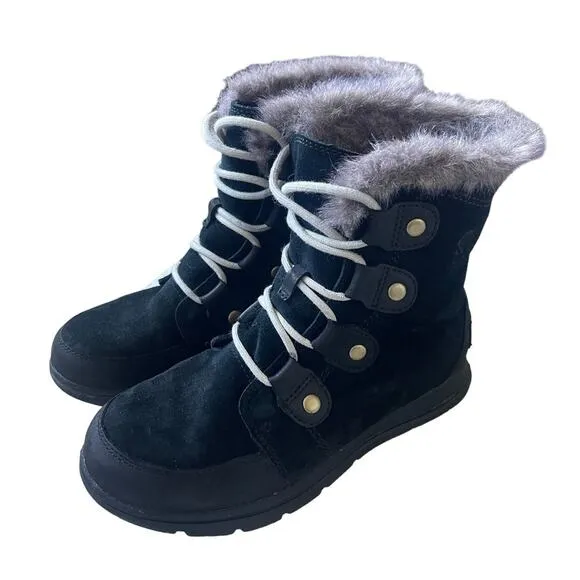 Anthropologie SOREL 7 Joan Explorer Snow Boots Fur Winter Waterproof Suede Black