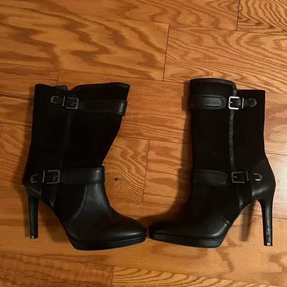 Antonio Melani black leather and suede boots, size 9