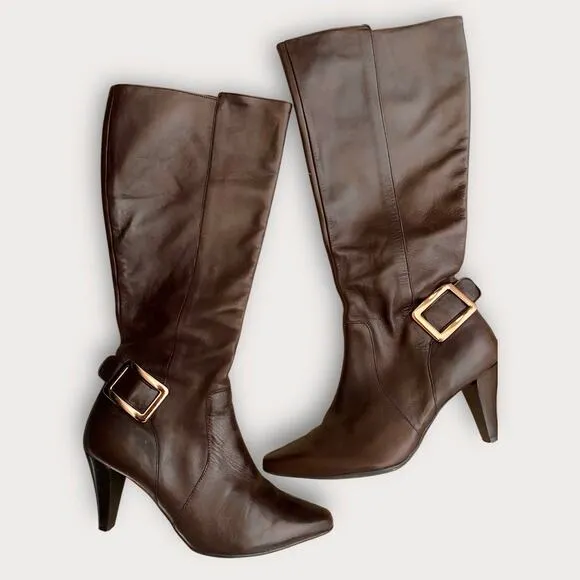 Antonio Melani Brown Leather Heeled Boots US 6.5 Knee High Tall Buckle Y2K Boho