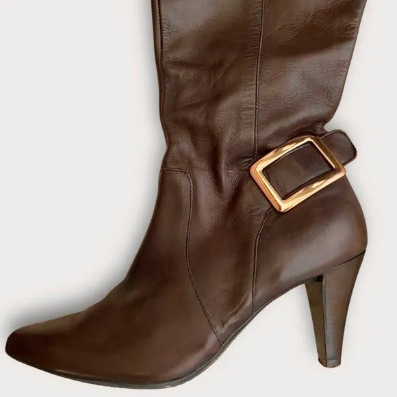 Antonio Melani Brown Leather Heeled Boots US 6.5 Knee High Tall Buckle Y2K Boho