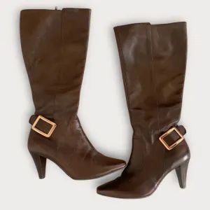 Antonio Melani Brown Leather Heeled Boots US 6.5 Knee High Tall Buckle Y2K Boho