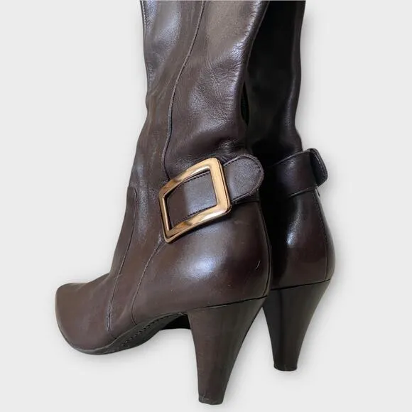 Antonio Melani Brown Leather Heeled Boots US 6.5 Knee High Tall Buckle Y2K Boho
