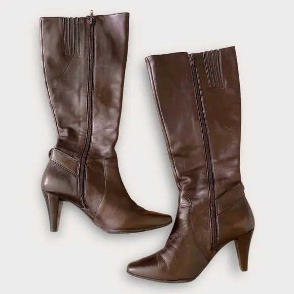 Antonio Melani Brown Leather Heeled Boots US 6.5 Knee High Tall Buckle Y2K Boho