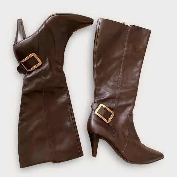 Antonio Melani Brown Leather Heeled Boots US 6.5 Knee High Tall Buckle Y2K Boho
