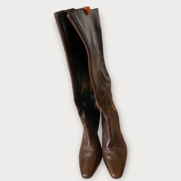 Antonio Melani Brown Leather Heeled Boots US 6.5 Knee High Tall Buckle Y2K Boho