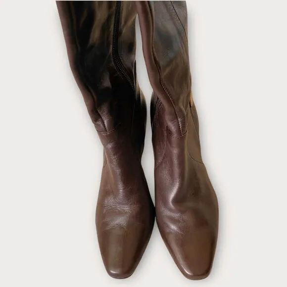 Antonio Melani Brown Leather Heeled Boots US 6.5 Knee High Tall Buckle Y2K Boho