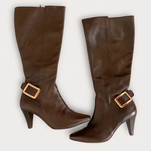 Antonio Melani Brown Leather Heeled Boots US 6.5 Knee High Tall Buckle Y2K Boho