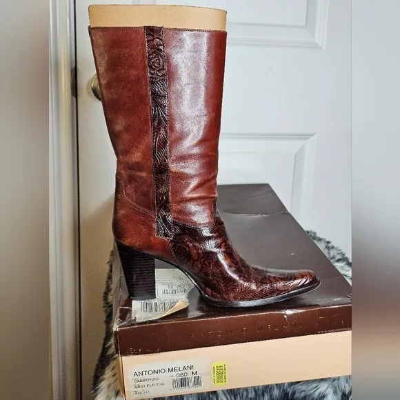 Antonio Melani Cassidy Brown Tooled Floral Leather Western Boots, Size 8M