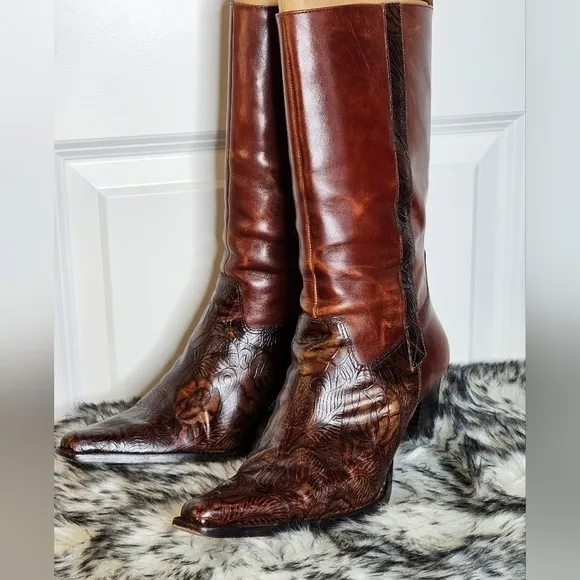Antonio Melani Cassidy Brown Tooled Floral Leather Western Boots, Size 8M