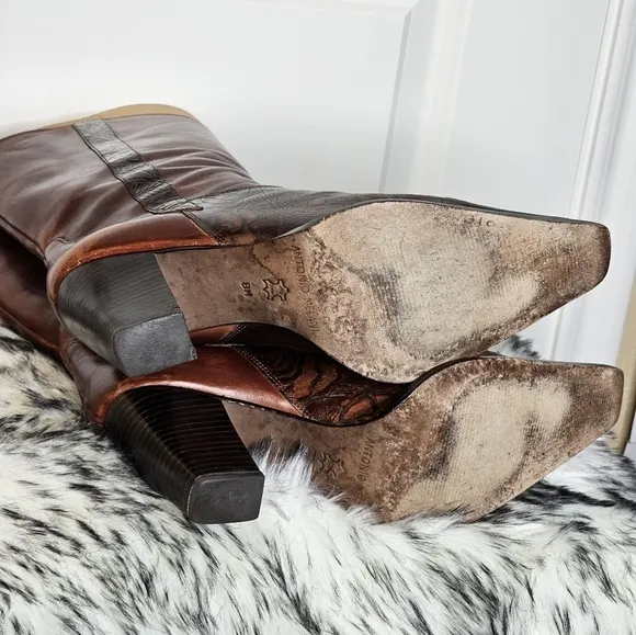 Antonio Melani Cassidy Brown Tooled Floral Leather Western Boots, Size 8M