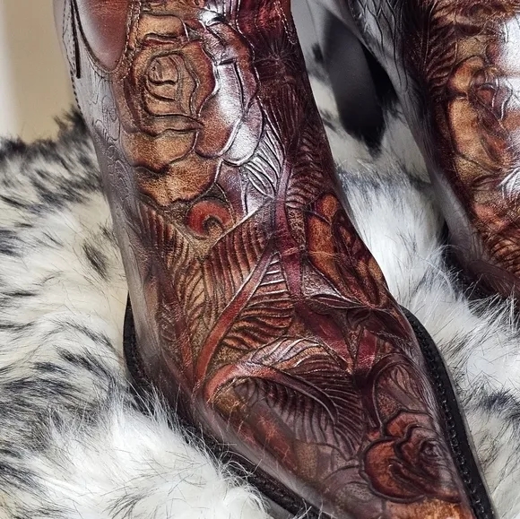 Antonio Melani Cassidy Brown Tooled Floral Leather Western Boots, Size 8M