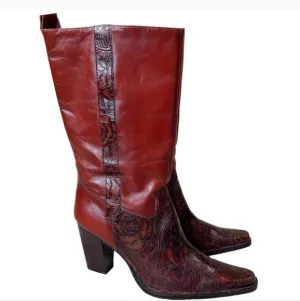 Antonio Melani Cassidy Brown Tooled Floral Leather Western Boots, Size 8M