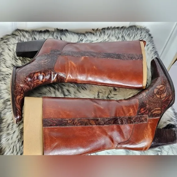 Antonio Melani Cassidy Brown Tooled Floral Leather Western Boots, Size 8M