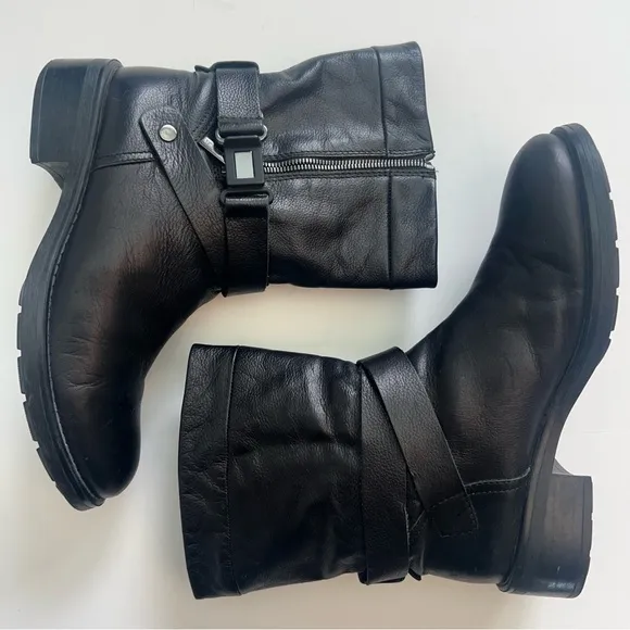 Aquatalia Black Leather Moto Boots, Size 9.5