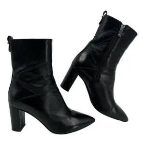 Aquatalia Black Leather Pointed Toe Block Heel Boots | Size 9