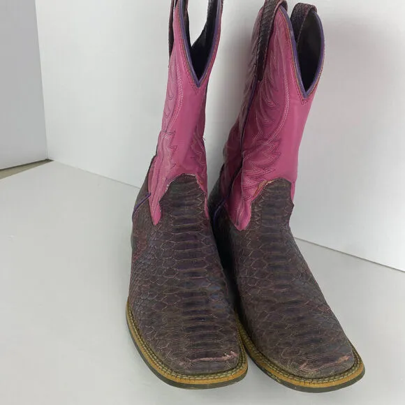 Ariat Boots Sz 6 Leather Snakeskin Python Cowgirl Western Brown Pink Embroidered