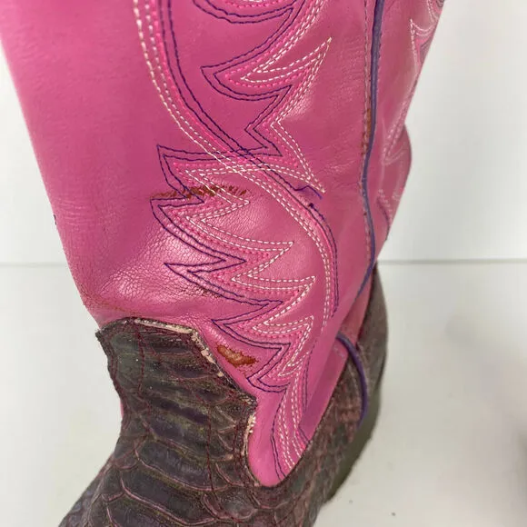 Ariat Boots Sz 6 Leather Snakeskin Python Cowgirl Western Brown Pink Embroidered