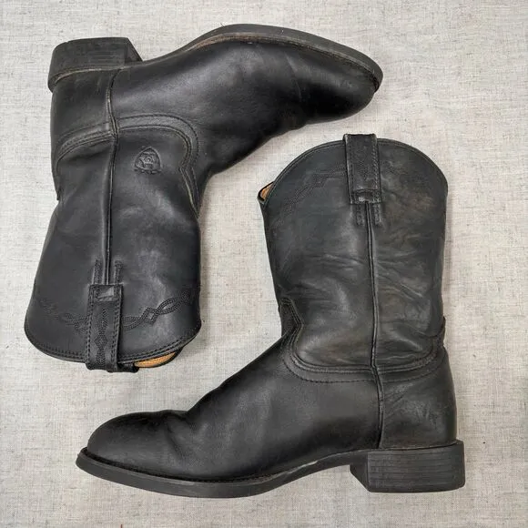 Ariat Heritage Roper Western Boots Black Leather Pull On Cowboy Men's 7 WIDE