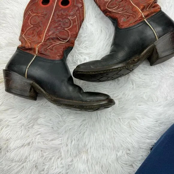 Ariat Square Toe Red &amp; Black Embroidered Leather Western Cowboy Boots