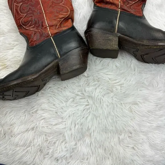 Ariat Square Toe Red &amp; Black Embroidered Leather Western Cowboy Boots
