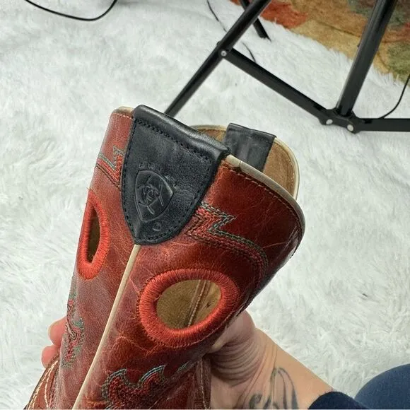 Ariat Square Toe Red &amp; Black Embroidered Leather Western Cowboy Boots