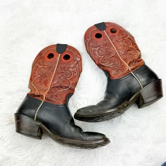 Ariat Square Toe Red &amp; Black Embroidered Leather Western Cowboy Boots