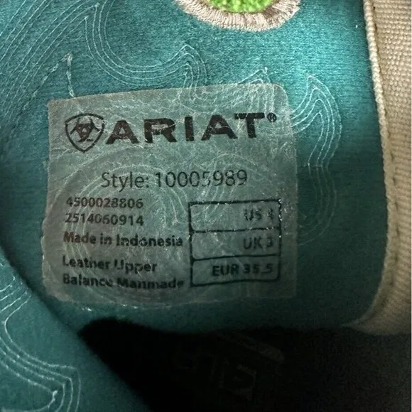 Ariat Youth‎ Fatbaby Leather Boots, Distressed Brown Turquoise size 4