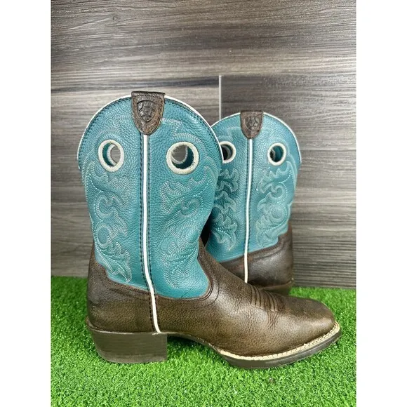 Ariat Youth‎ Fatbaby Leather Boots, Distressed Brown Turquoise size 4