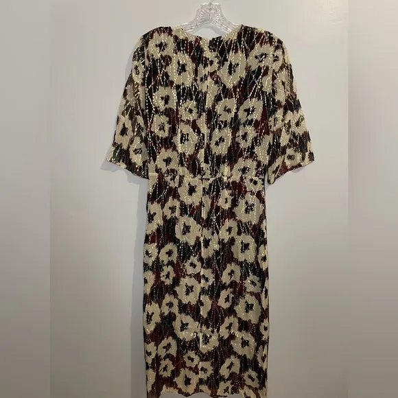 ba&amp;sh Women's Kaz Dress Ecru Size Large Midi V-Neck Elbow Length Sleeves Lined